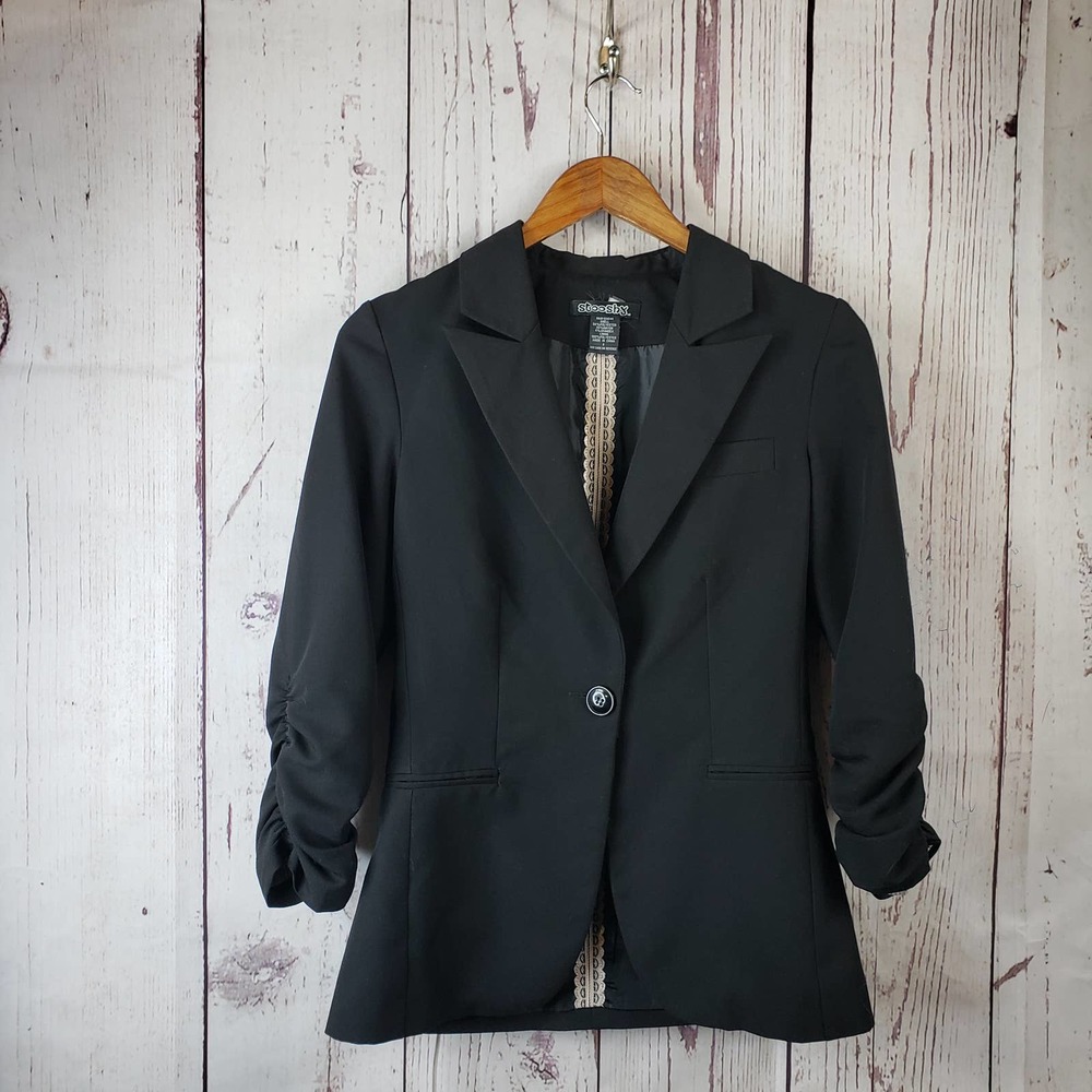 Stooshy Blazer Womens Juniors Size Small One Button Ruched Sleeves Rayon Black